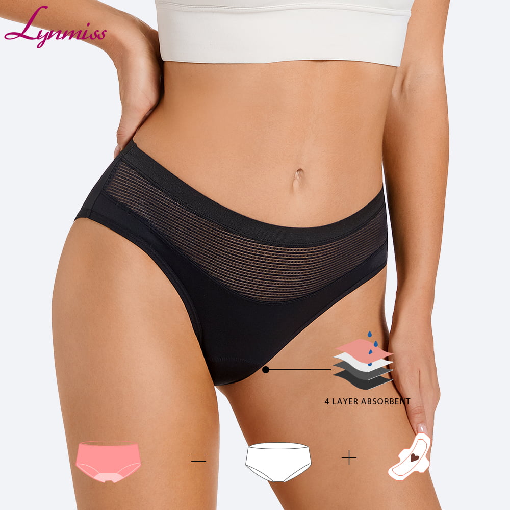 Lynmiss Absorbent Organic Cotton 4 Layer Reusable Wholesale Women No Pfas Biodegradable Bamboo Black Mesh Midrise Women Panty Period Suppliers