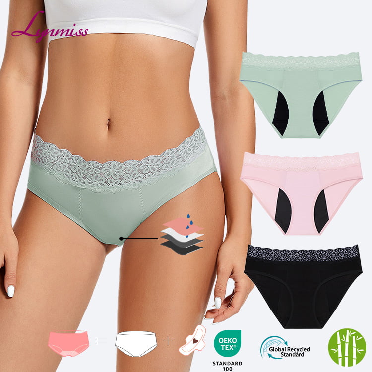LY1590 Wholesale Leak Proof Menstrual Underwear Soft Leakproof Bragas Menstruales Heavy Flow Lace Organic Bamboo Period Panties Factory